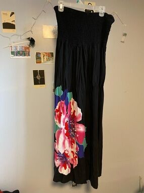 Black Strapless Maxi Dress with Large Floral Print